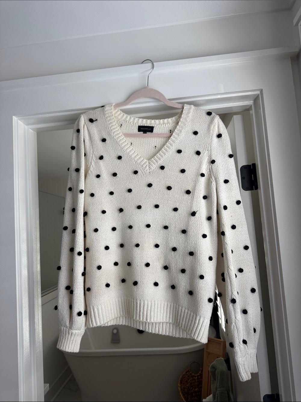 MAJORELLE Cream V-Neck Sweater with Black Polka Dots